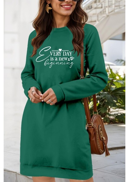 Bisiklet Yaka Iki Iplik Mini Elbise - Yeşil