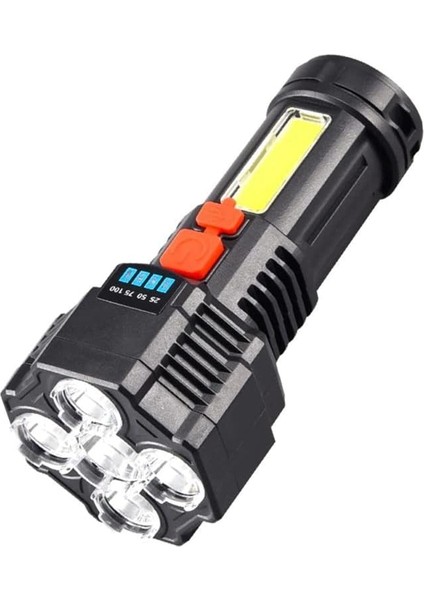 Şarjlı 5 Ledli Ultra Güçlü Profesyonel El Feneri Şarj Göstergeli Su Geçirmez Cob LED Fener Işıldak Ultra Hafif