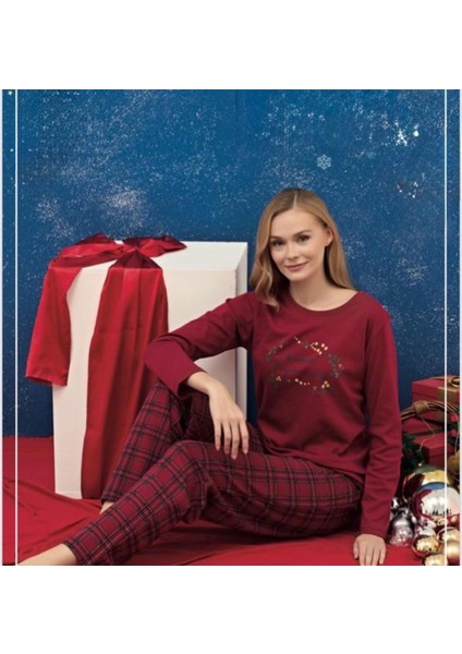 Bayan Kırmızı Uzun Kollu Pijama Takımı 3258