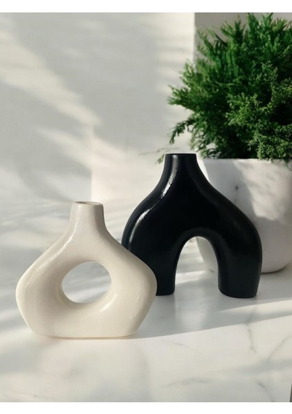 Modern Iskandinav Dekoratif Vazo Seti – Siyah & Beyaz – Büyük Boy 20 cm + Küçük Boy 15 cm – Minimal Seramik Görünümlü Ev Dekor Obje modelleri