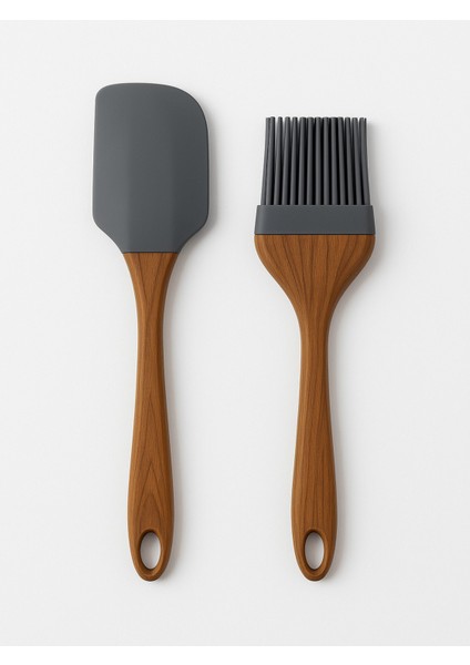 2’li Silikon Spatula ve Fırça Seti – Isıya Dayanıklı, Ahşap Görünümlü Sap, Mutfak Pişirme ve Hamur Seti