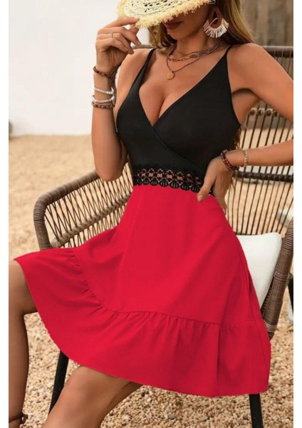 Kruvaze Yaka Dantel Detaylı Ithal Krep Elbise - Kırmızı