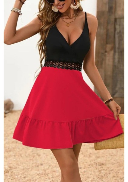 Kruvaze Yaka Dantel Detaylı Ithal Krep Elbise - Kırmızı fiyatları