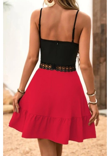 Kruvaze Yaka Dantel Detaylı Ithal Krep Elbise - Kırmızı modelleri