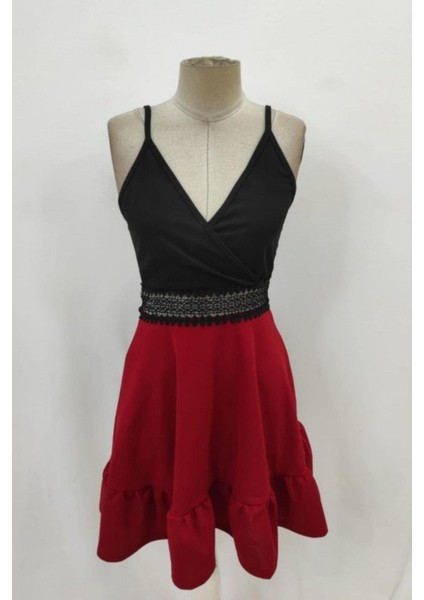 Kruvaze Yaka Dantel Detaylı Ithal Krep Elbise - Kırmızı fırsatları