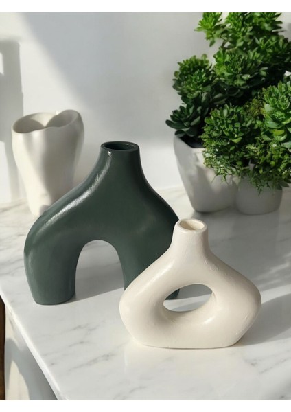 Modern Iskandinav Dekoratif Vazo Seti – Yeşil & Beyaz – Büyük Boy 20 cm + Küçük Boy 15 cm – Minimal Seramik Görünümlü Ev Dekor Obje