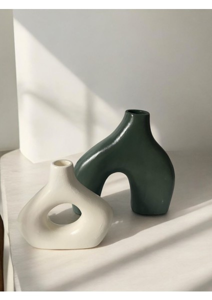 Modern Iskandinav Dekoratif Vazo Seti – Yeşil & Beyaz – Büyük Boy 20 cm + Küçük Boy 15 cm – Minimal Seramik Görünümlü Ev Dekor Obje modelleri