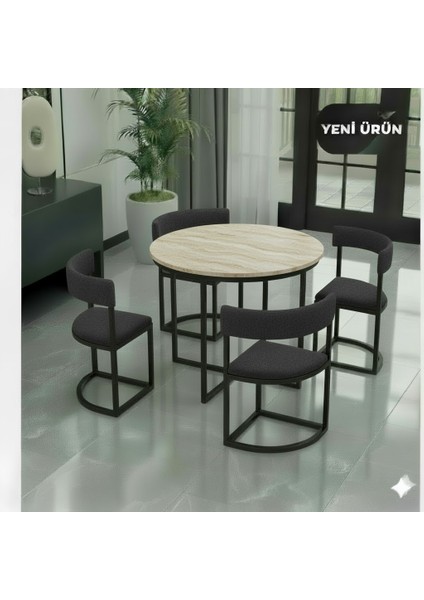 Melis Antrasit Metal 90 cm Çap Yuvarlak Yemek Masası Takımı 4 Kişilik Balkon Masası Mutfak Masası Takımı