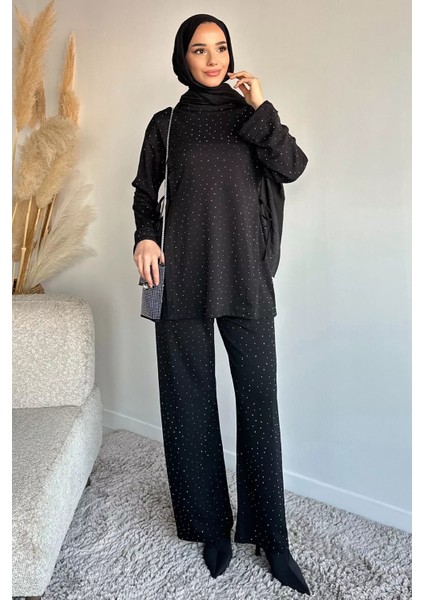 Bisiklet Yaka Yan Bağlamalı Taşlı Tesettür Tunik Bel Lastikli Pantolon Ikili Takım P-00019461