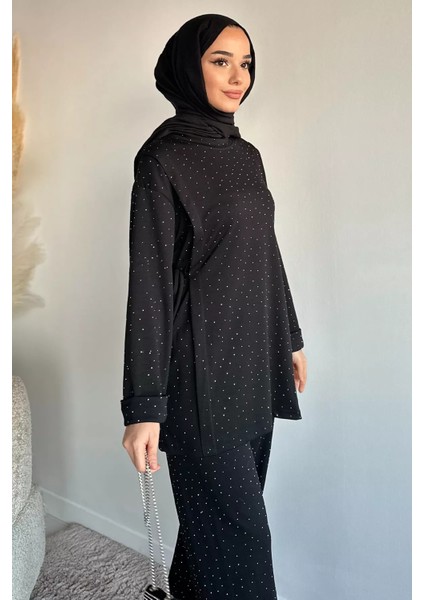 Bisiklet Yaka Yan Bağlamalı Taşlı Tesettür Tunik Bel Lastikli Pantolon Ikili Takım P-00019461 fiyatları