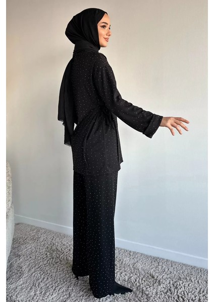 Bisiklet Yaka Yan Bağlamalı Taşlı Tesettür Tunik Bel Lastikli Pantolon Ikili Takım P-00019461 modelleri