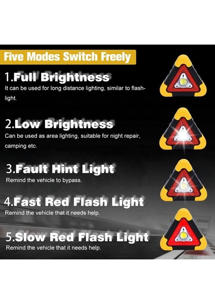 Şarjlı Üçgen Uyarı Lambası - 500 Lümen Cob LED Çalışma Işığı, Acil Durum ve Tamir Lambası