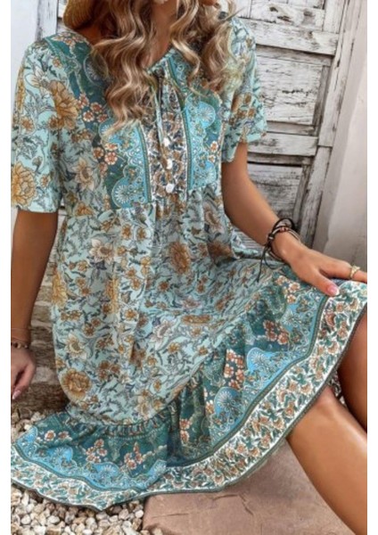Düğmeli Bağlama Detaylı Desenli Süprem Elbise - Mavi