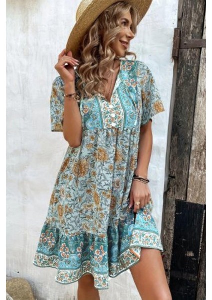 Düğmeli Bağlama Detaylı Desenli Süprem Elbise - Mavi fiyatları