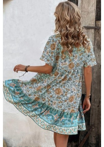 Düğmeli Bağlama Detaylı Desenli Süprem Elbise - Mavi modelleri