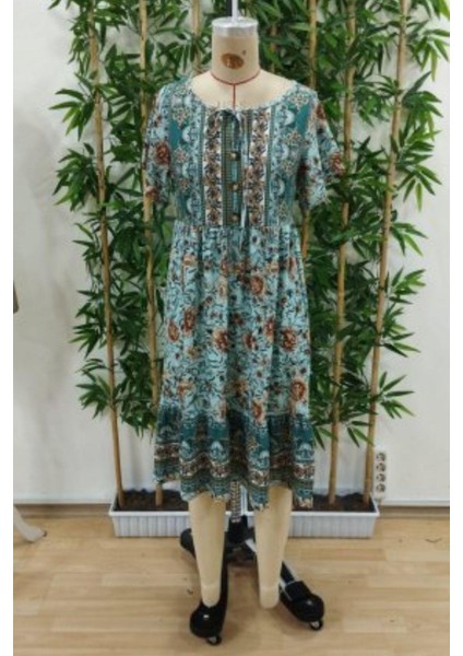 Düğmeli Bağlama Detaylı Desenli Süprem Elbise - Mavi fırsatları