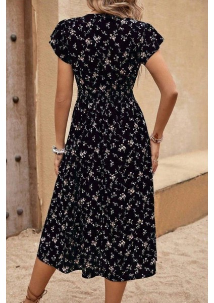 Çiçek Desenli Kısa Kollu V Yaka Bel Lastikli Midi Elbise - Siyah fiyatları
