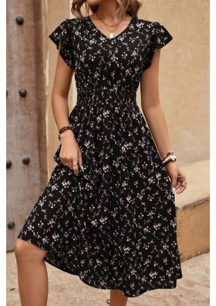 Çiçek Desenli Kısa Kollu V Yaka Bel Lastikli Midi Elbise - Siyah modelleri