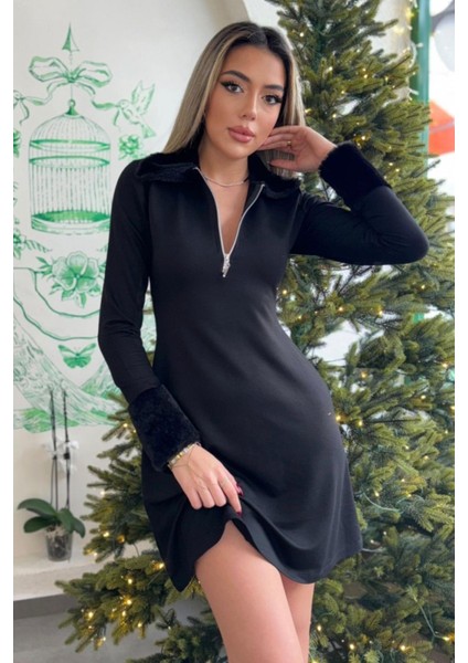 Fermuarlı Kürk Detaylı Viskon Iki Iplik Elbise - Siyah modelleri