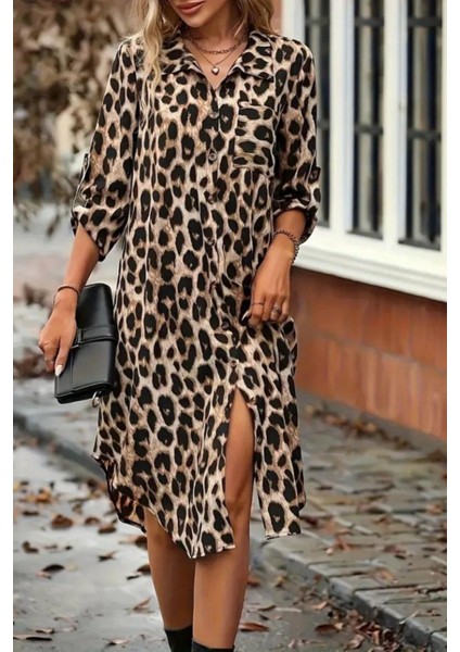 Modal Kumaş Leopar Desenli Düğmeli Midi Gömlek Elbise - Kahve
