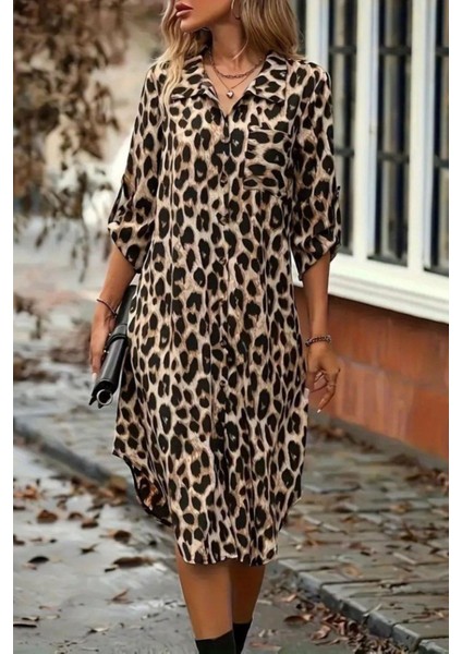 Modal Kumaş Leopar Desenli Düğmeli Midi Gömlek Elbise - Kahve fiyatları