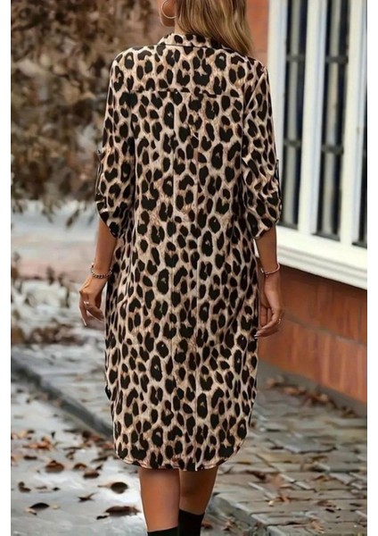 Modal Kumaş Leopar Desenli Düğmeli Midi Gömlek Elbise - Kahve modelleri