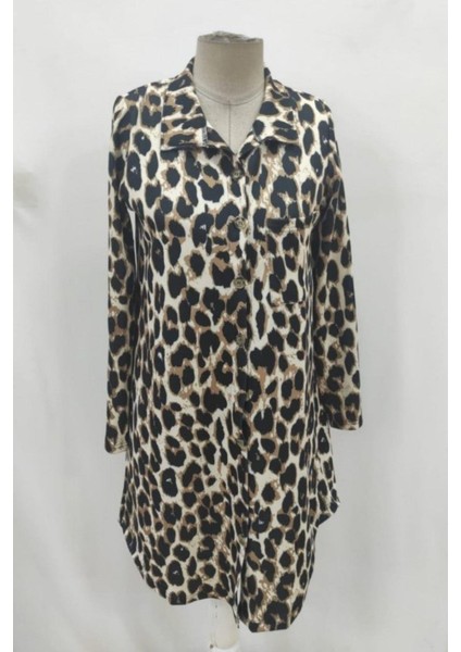 Modal Kumaş Leopar Desenli Düğmeli Midi Gömlek Elbise - Kahve fırsatları