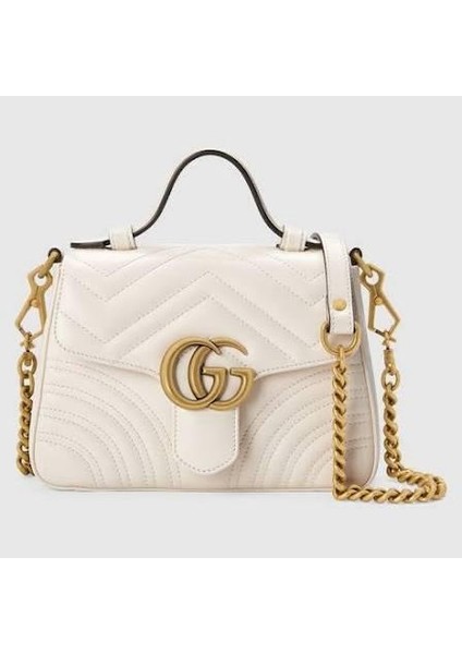 White Chevron Leather Gg Marmont Top Handle Bag