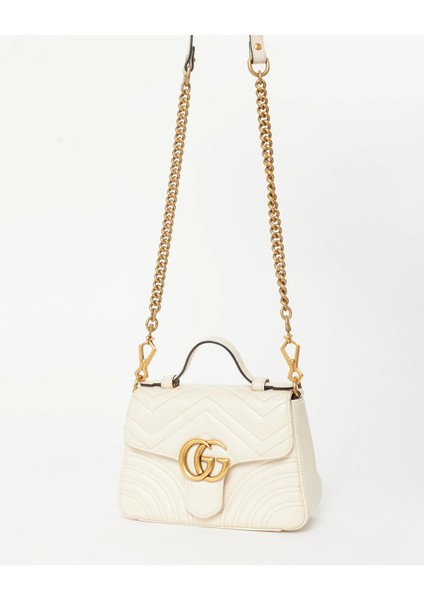 White Chevron Leather Gg Marmont Top Handle Bag fırsatları