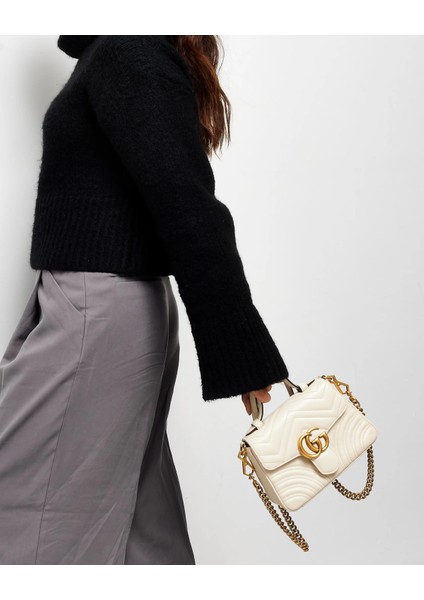 White Chevron Leather Gg Marmont Top Handle Bag indirimleri