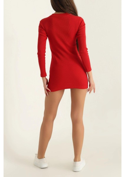 Fitilli Likralı Fermuarlı Balıkçı Yaka Elbise Kırmızı fiyatları