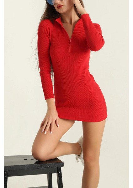 Fitilli Likralı Fermuarlı Balıkçı Yaka Elbise Kırmızı modelleri