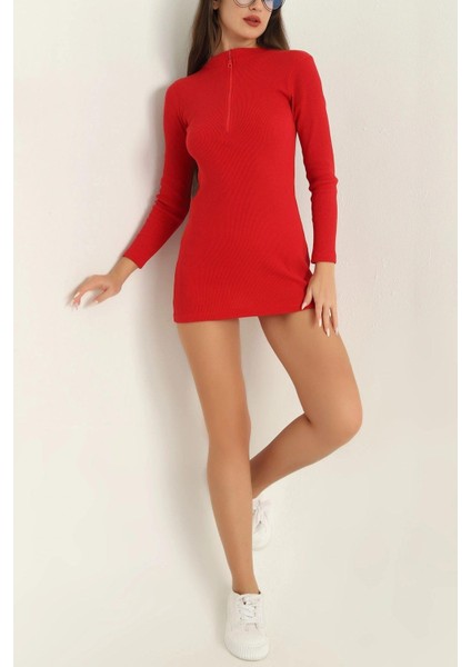 Fitilli Likralı Fermuarlı Balıkçı Yaka Elbise Kırmızı fırsatları