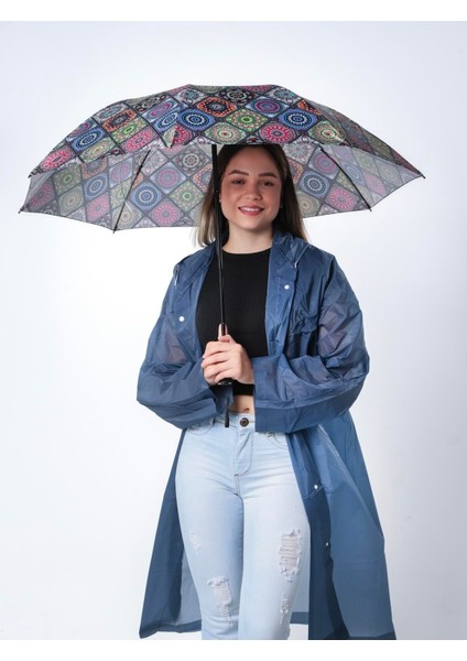 Renkli Etnik Desenli 8 Telli Kadın Şemsiye, Rüzgar Dayanıklı ve Şık Tasarım