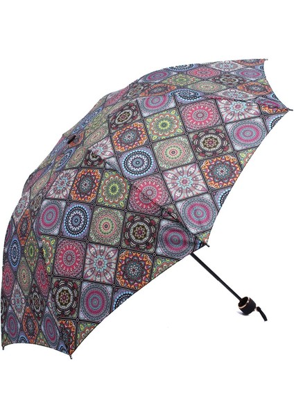 Renkli Etnik Desenli 8 Telli Kadın Şemsiye, Rüzgar Dayanıklı ve Şık Tasarım