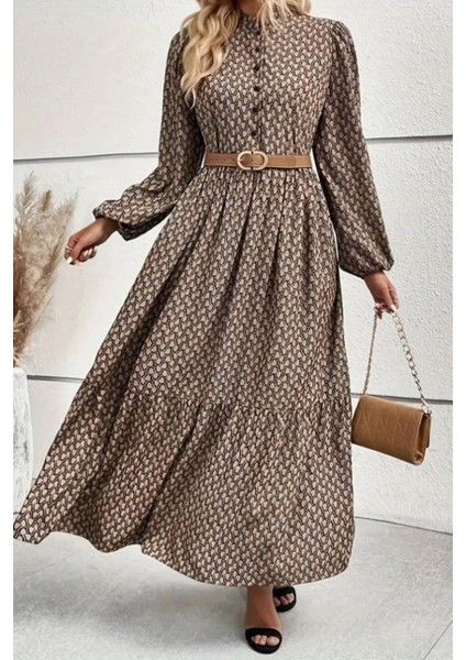 Hakim Yaka Desenli Uzun Süprem Elbise - Vizon