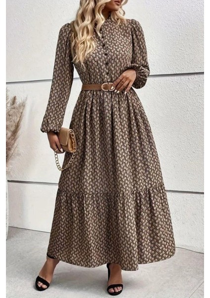 Hakim Yaka Desenli Uzun Süprem Elbise - Vizon fiyatları