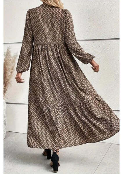 Hakim Yaka Desenli Uzun Süprem Elbise - Vizon modelleri