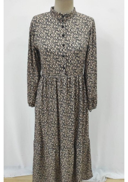 Hakim Yaka Desenli Uzun Süprem Elbise - Vizon fırsatları