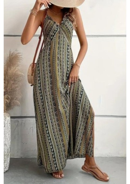 Ince Askılı Sırttan Çapraz Detaylı Yırtmaçlı Süprem Elbise - Yeşil