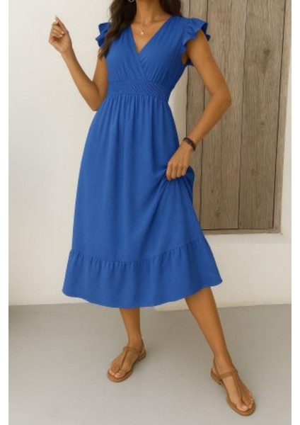 Kruvaze Yaka Bel Lastikli Aerobin Elbise - Mavi