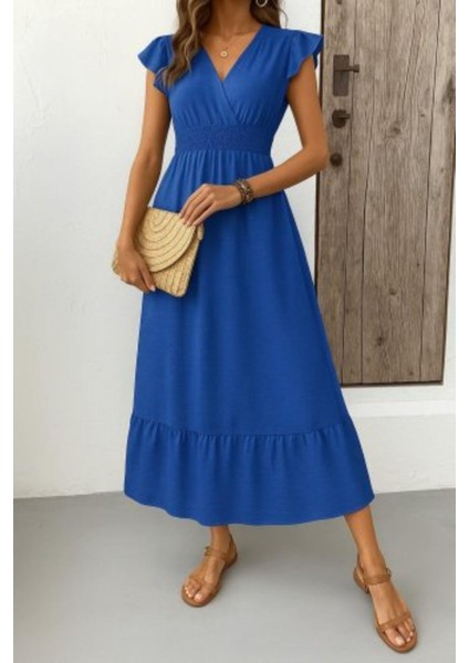 Kruvaze Yaka Bel Lastikli Aerobin Elbise - Mavi fiyatları