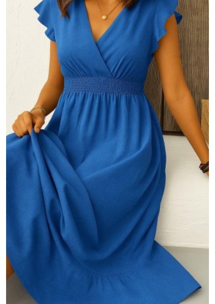 Kruvaze Yaka Bel Lastikli Aerobin Elbise - Mavi modelleri