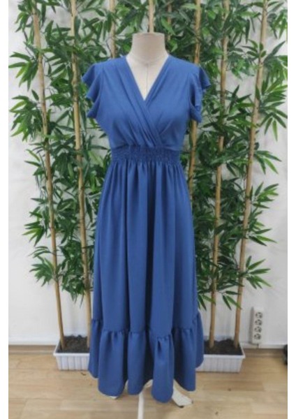 Kruvaze Yaka Bel Lastikli Aerobin Elbise - Mavi indirimleri