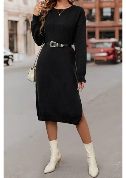 Bisiklet Yaka Yırtmaç Detaylı Triko Elbise Siyah