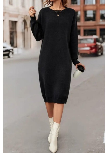 Bisiklet Yaka Yırtmaç Detaylı Triko Elbise Siyah fiyatları