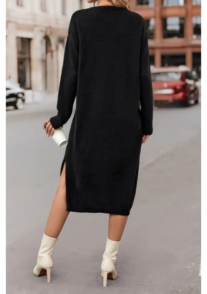 Bisiklet Yaka Yırtmaç Detaylı Triko Elbise Siyah modelleri