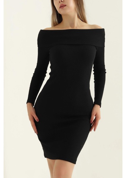 Madonna Yaka Fitilli Elbise Siyah