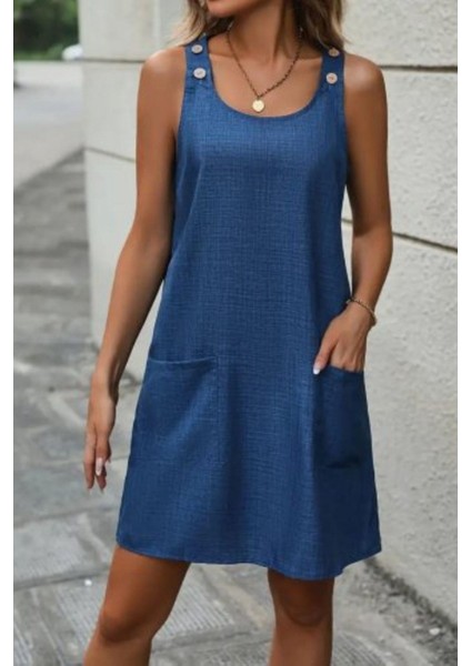 Cepli ve Düğme Detaylı Omuz Askılı Keten Elbise - Mavi