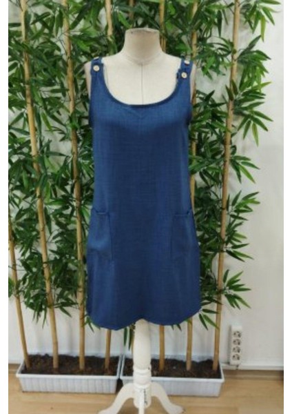 Cepli ve Düğme Detaylı Omuz Askılı Keten Elbise - Mavi fırsatları